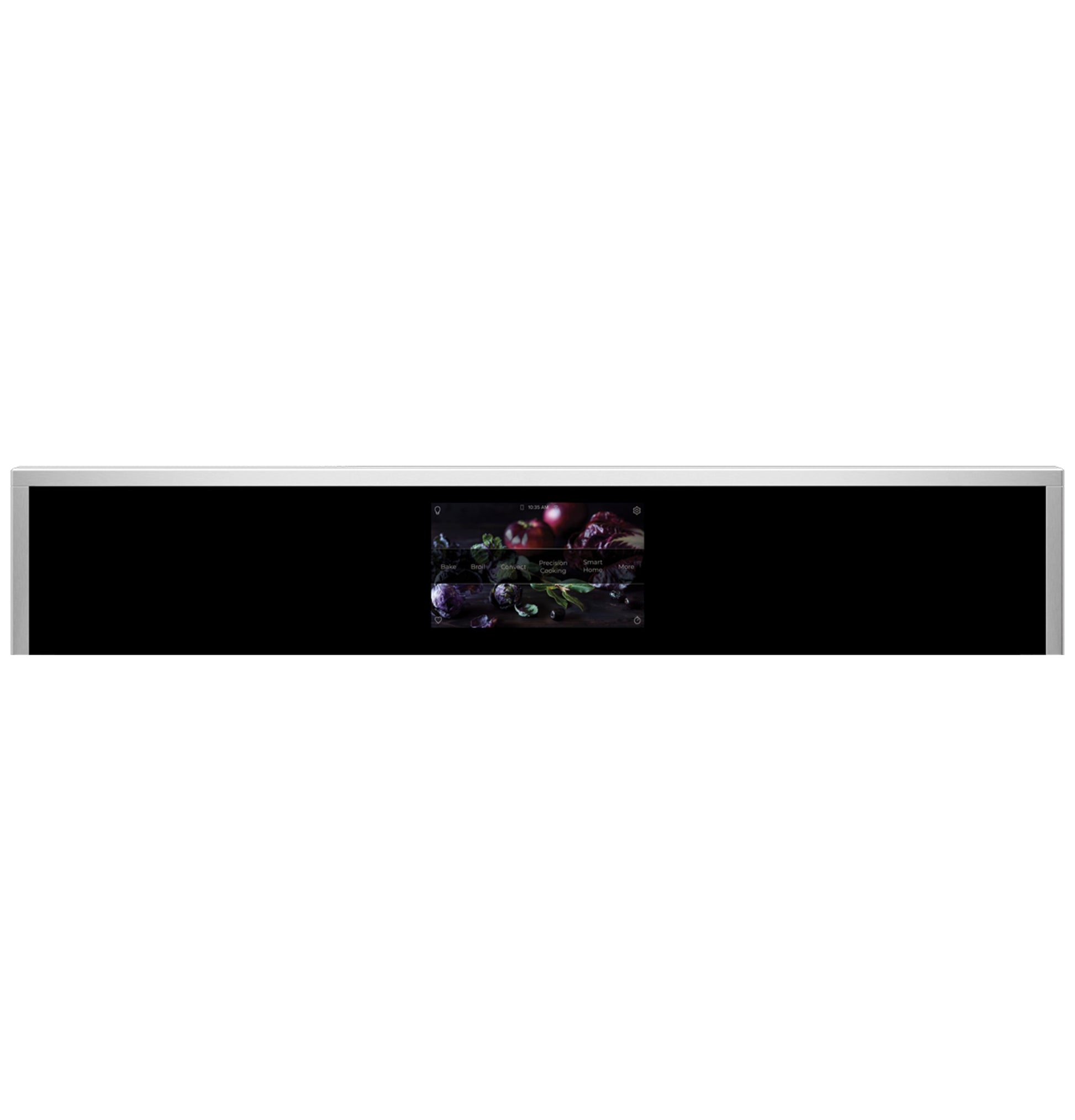 Front view of sleek Monogram minimalist single wall oven with touchscreen panel in kitchen appliances collection