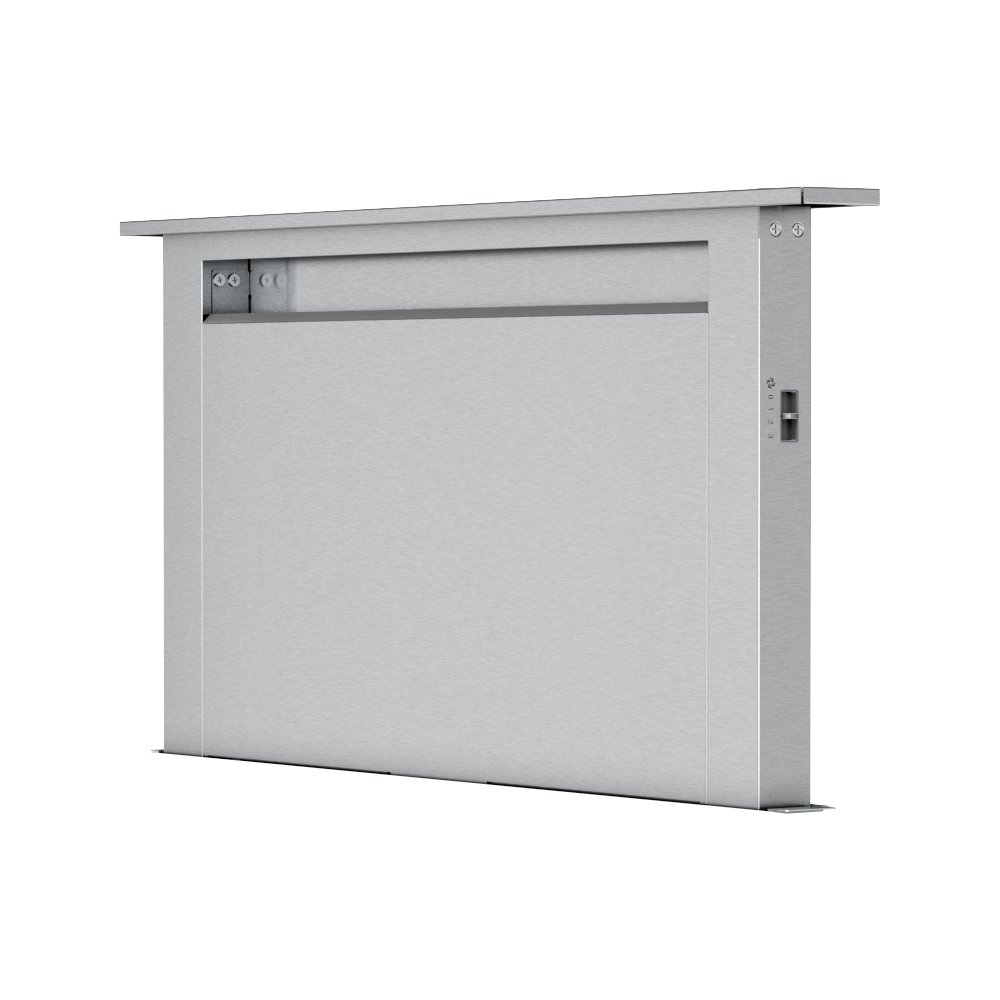 Stainless steel downdraft vent with 14-inch rise for discreet ventilation in kitchen and range hood appliances collection
