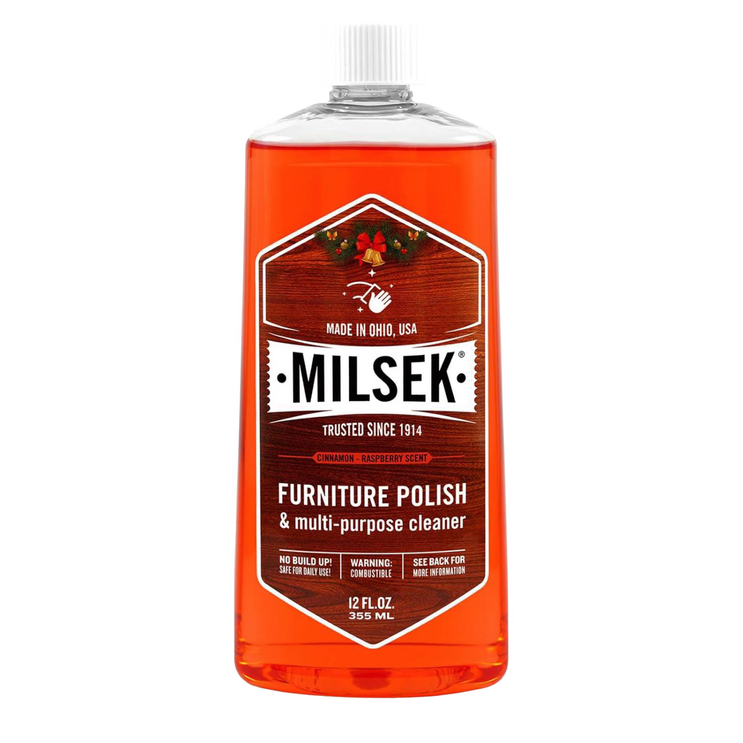 12 oz bottle of Milsek furniture polish and cleaner with cinnamon-raspberry scent in cleaning supplies collection