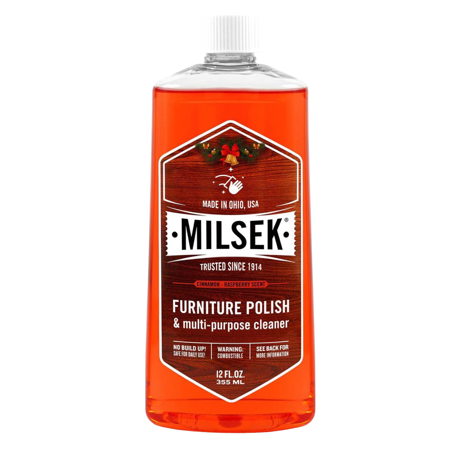 12 oz bottle of Milsek furniture polish and cleaner with cinnamon-raspberry scent in cleaning supplies collection