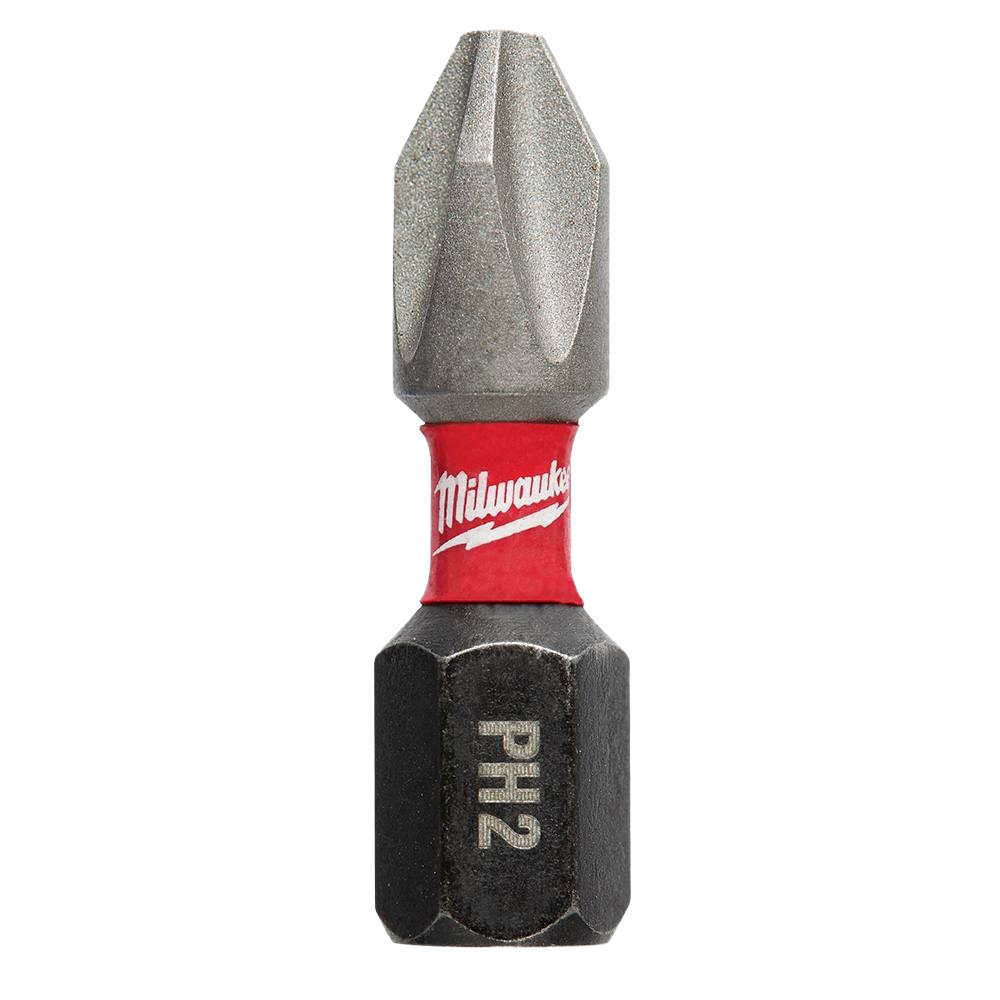 Durable PH2 Phillips impact driver bit with red Milwaukee band, for power tool and home improvement use