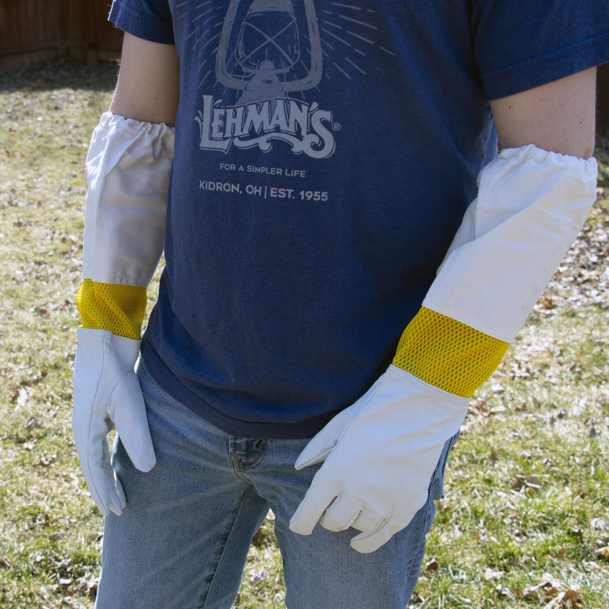 White goatskin gloves with yellow mesh cuffs and long protective sleeves ideal for beekeeping and home improvement tasks