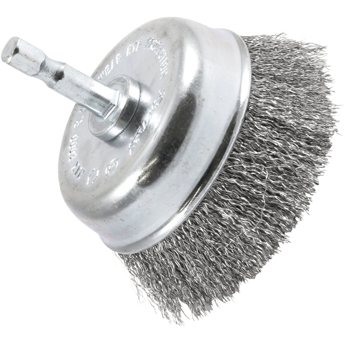 Fine wire brush with 1/4-inch hex shank designed for light-duty cleaning in power tool accessories and woodworking.