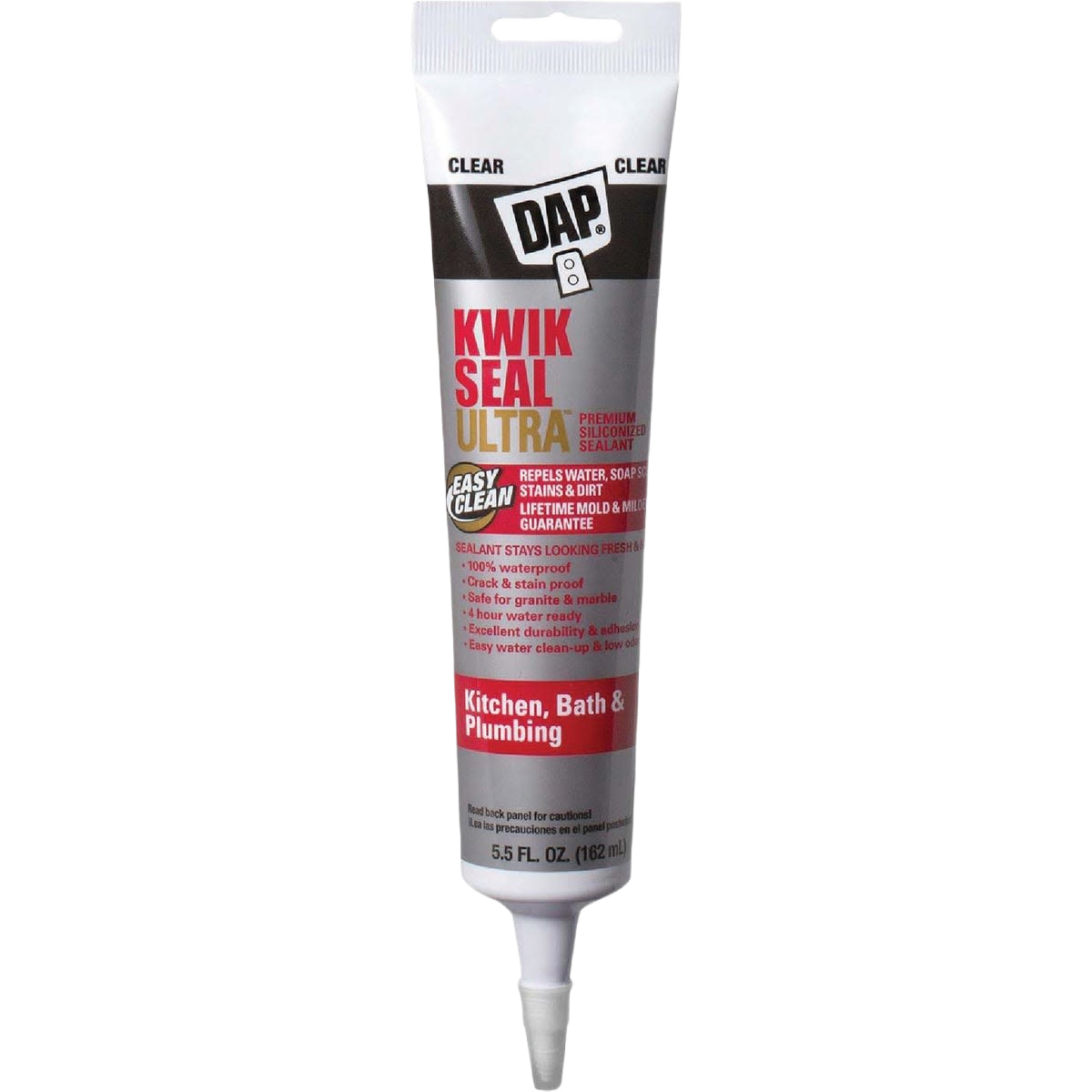 Tube of clear silicone sealant with branding and usage details for kitchen, bath, and plumbing applications