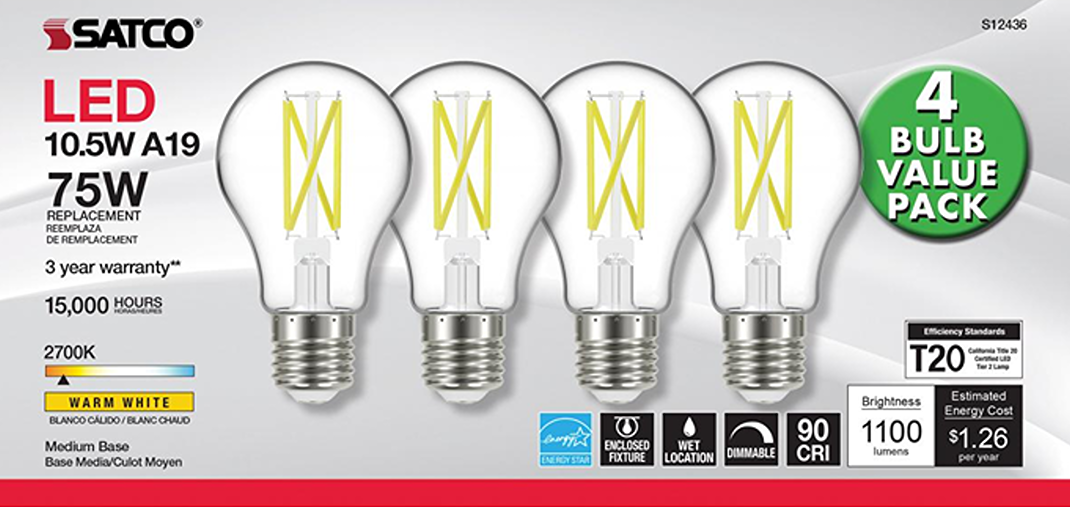 Four-pack of clear medium base LED light bulbs with warm white light and energy-efficient design for lighting and electrical tools
