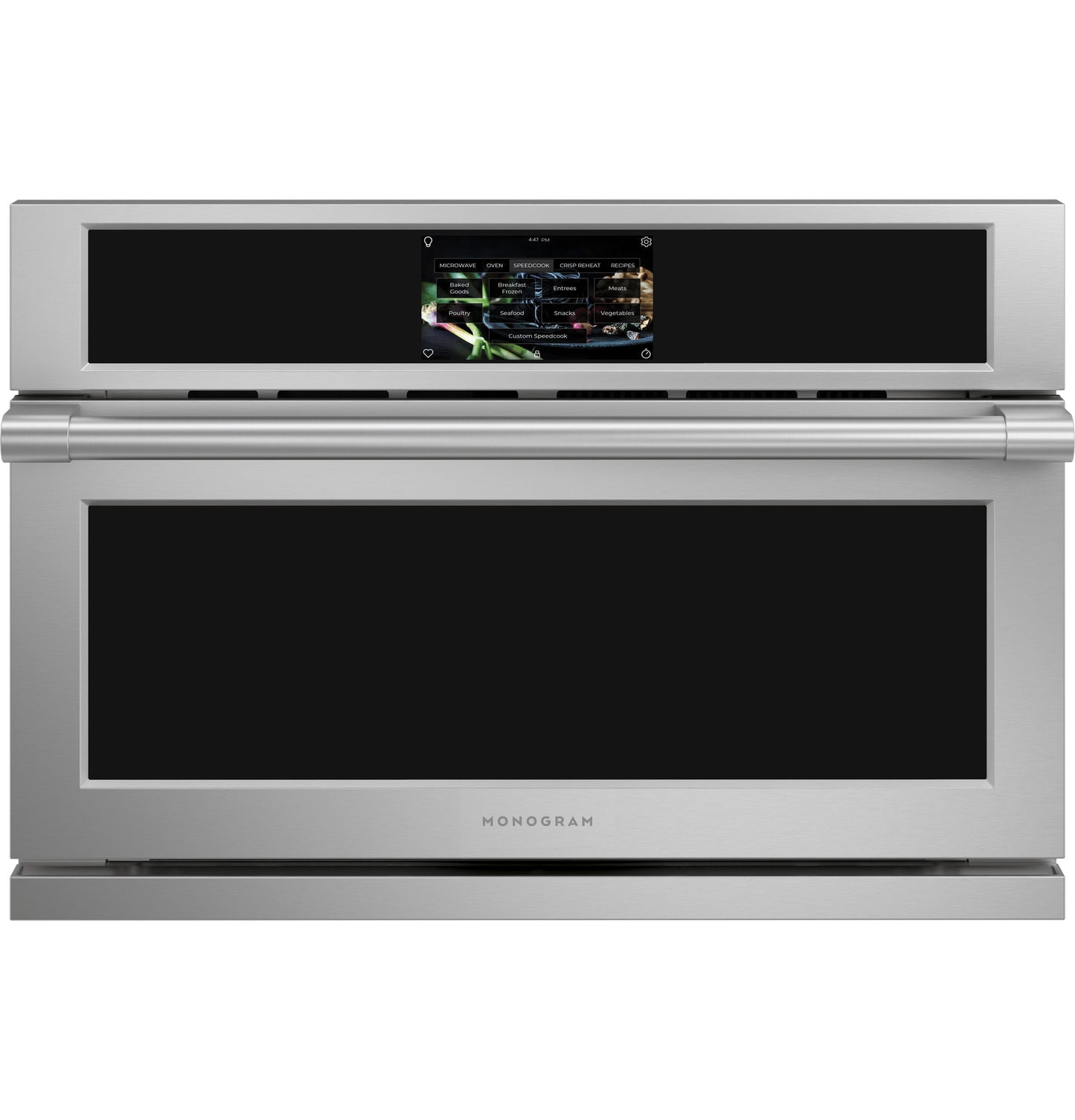 Stainless steel wall oven with digital touchscreen and horizontal handle in kitchenware and appliances collection