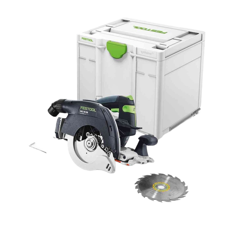 Cordless carpentry saw with blade and white storage box for power tools and home improvement collections