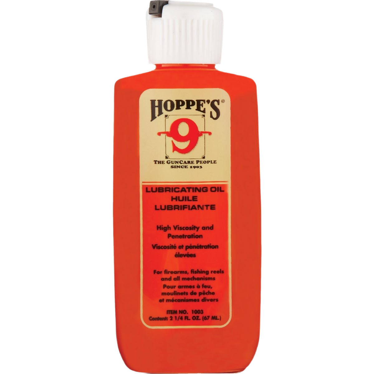 Orange bottle of lubricant oil with white cap labeled for firearms, fishing reels, and mechanical maintenance use
