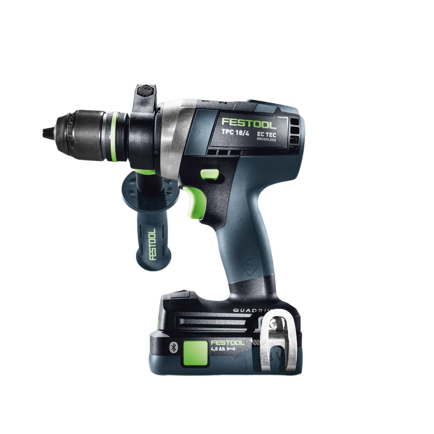Compact cordless hammer drill with side handle and rechargeable battery, ideal for tools and home improvement projects