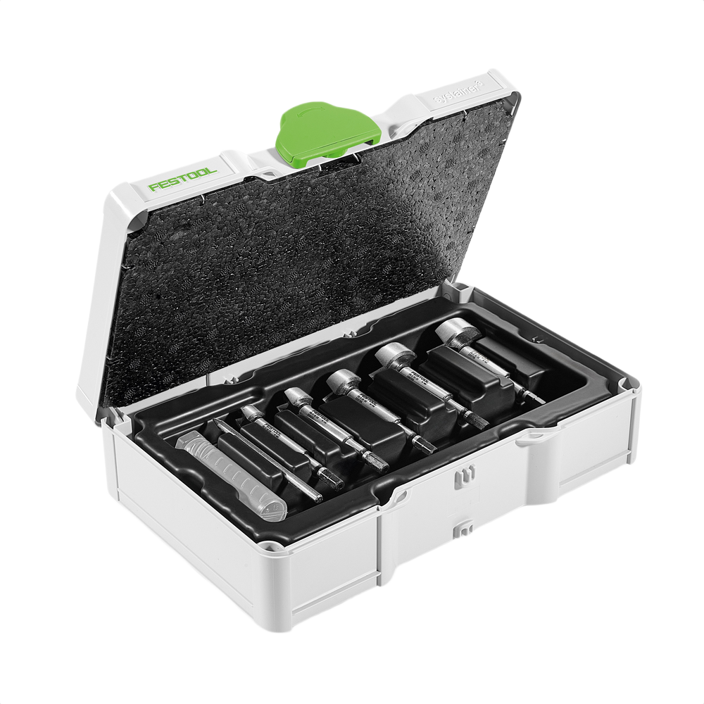Compact Festool drill bit set with Forstner bits and centering attachment in a durable case for woodworking tools collections
