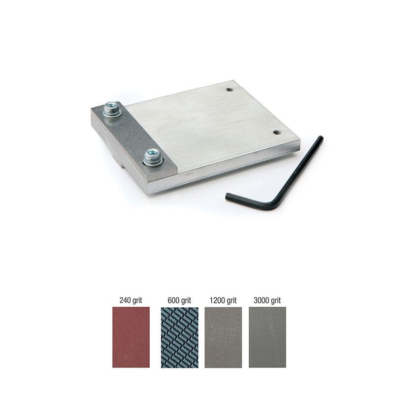 Metal sharpening guide plate with adjustable bolts and included hex key for woodworking tool maintenance tasks