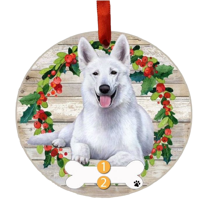 Round Christmas ornament featuring a white German Shepherd with festive holly wreath and red hanging ribbon