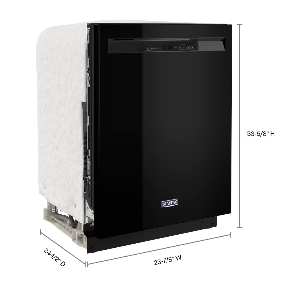 Black front control dishwasher with protective side padding and dimensions in kitchen appliances setting