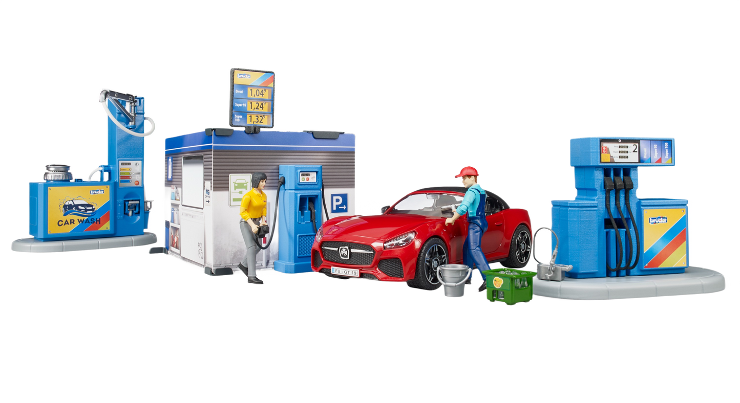 Toy gas station and car wash set with red sports car, fuel pumps, snack shop, and two human figures accessories