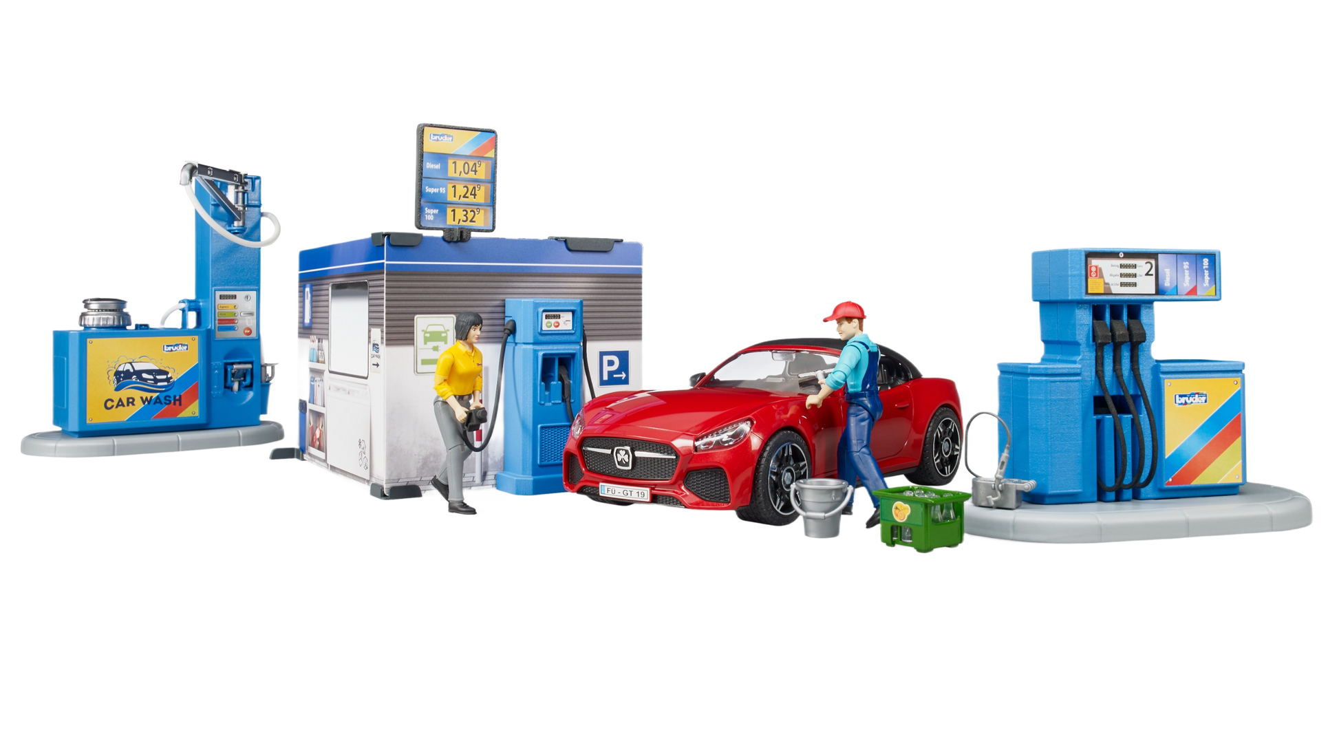 Toy gas station and car wash set with red sports car, fuel pumps, snack shop, and two human figures accessories