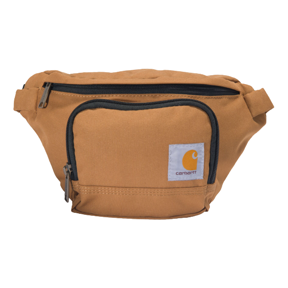 Carhartt brown waist pack with front zipper pocket and logo patch, suitable for tools and home improvement use