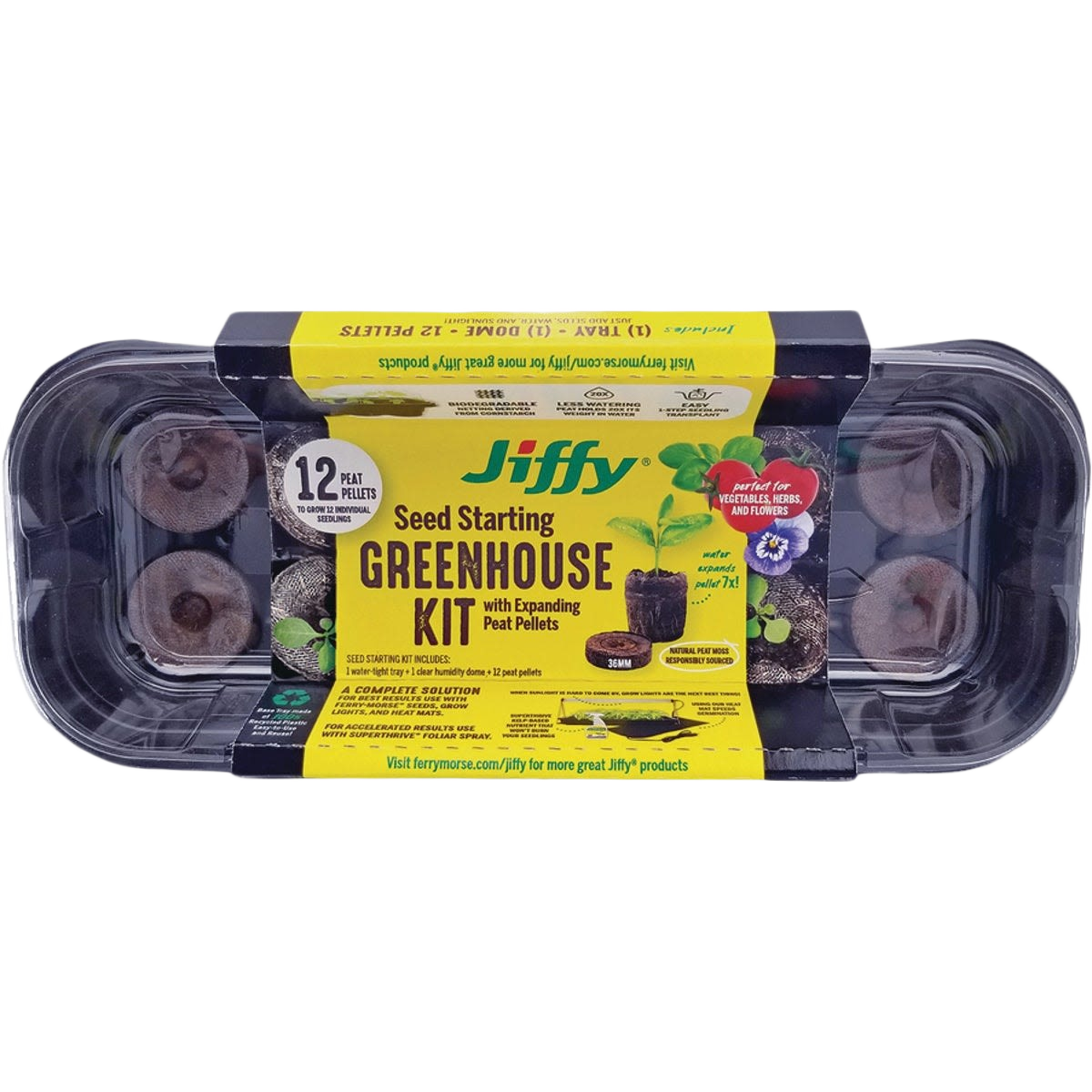 Jiffy seed starter kit with 12 expanding peat pellets in a clear plastic greenhouse tray for lawn and garden needs