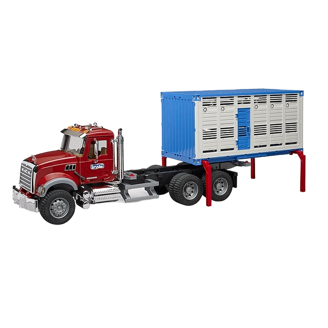 Red and blue toy truck with detachable livestock trailer for realistic cattle transport play and imaginative fun