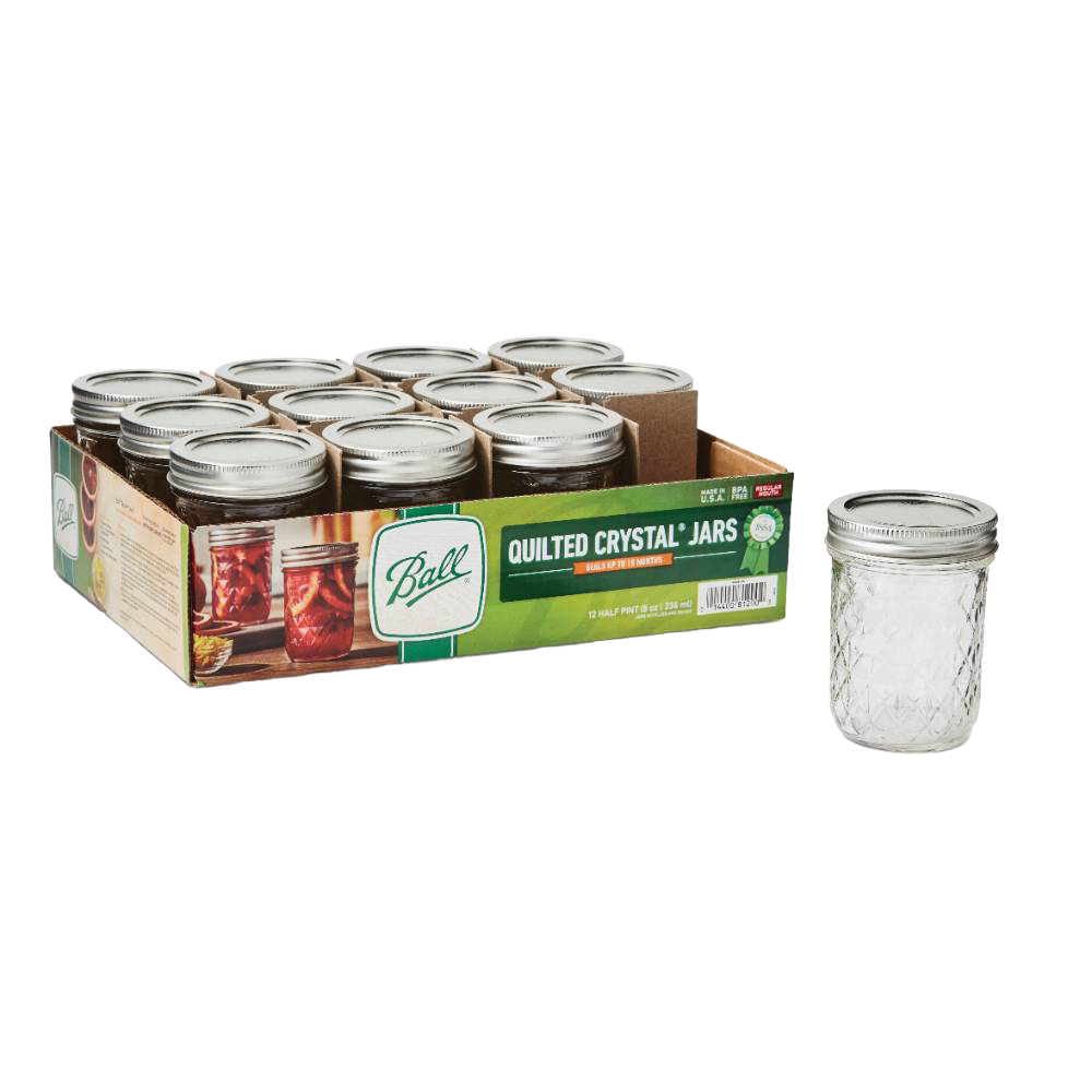 Set of clear glass Ball Deluxe Jelly Jars with quilted pattern and silver metal lids in kitchenware collections