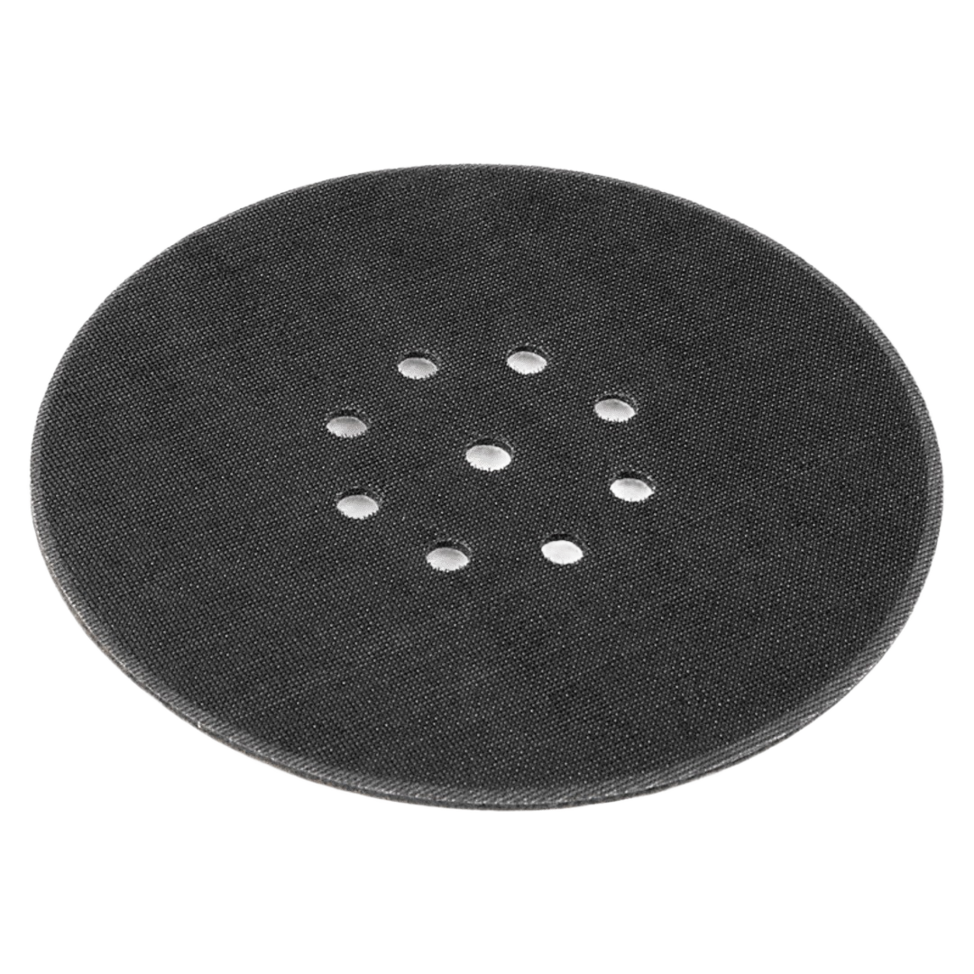 Black circular sanding interface pad with multiple evenly spaced ventilation holes for tools and home improvement projects