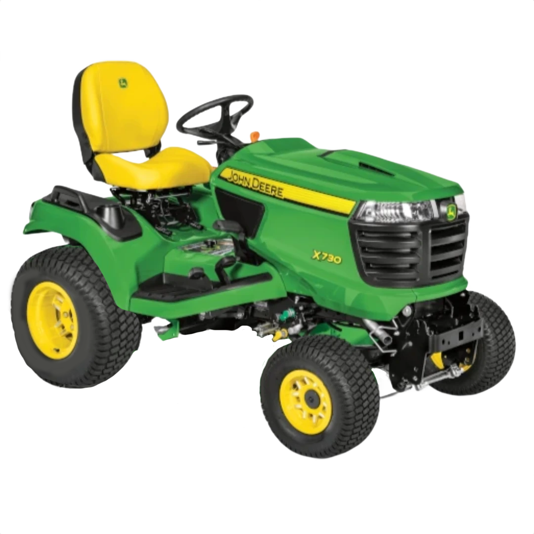 Green riding lawn tractor with yellow seat and wheels, designed for outdoor power equipment and lawn care tasks.