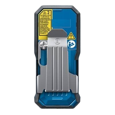 Back view of a Bosch laser measure with metal clip, safety labels, in measuring and woodworking hand tools collections under $100