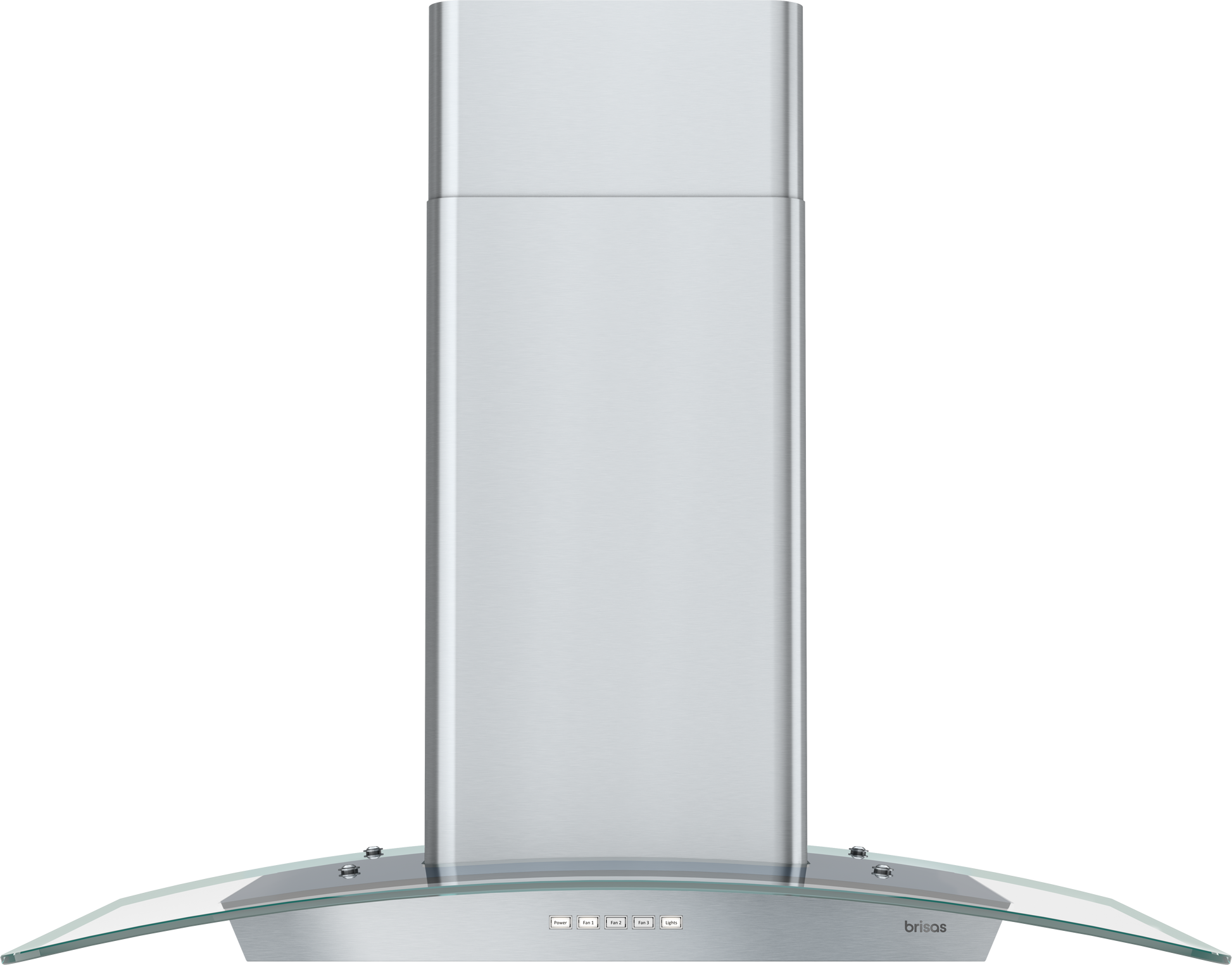 Curved glass island range hood with stainless steel chimney and touch controls for kitchen appliances and home improvement collections