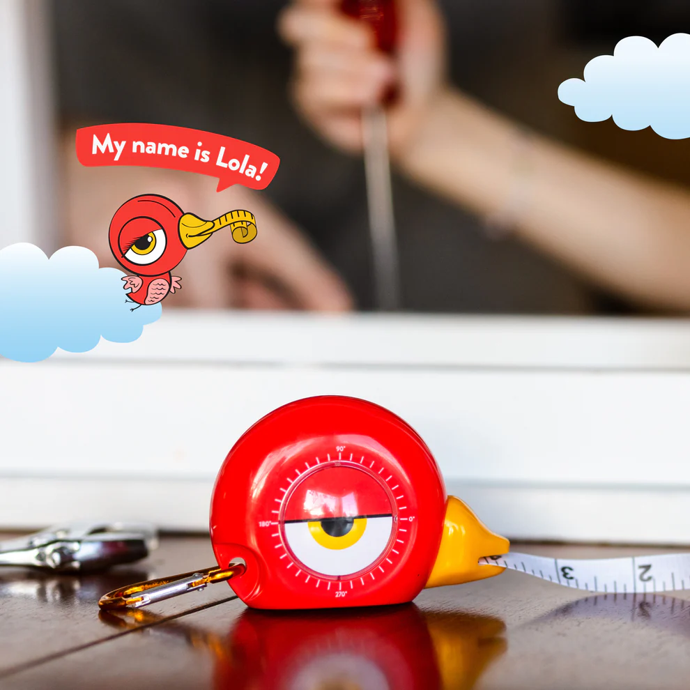 Compact red measuring tape with a yellow beak-shaped tape end and built-in angle gauge for home improvement tasks