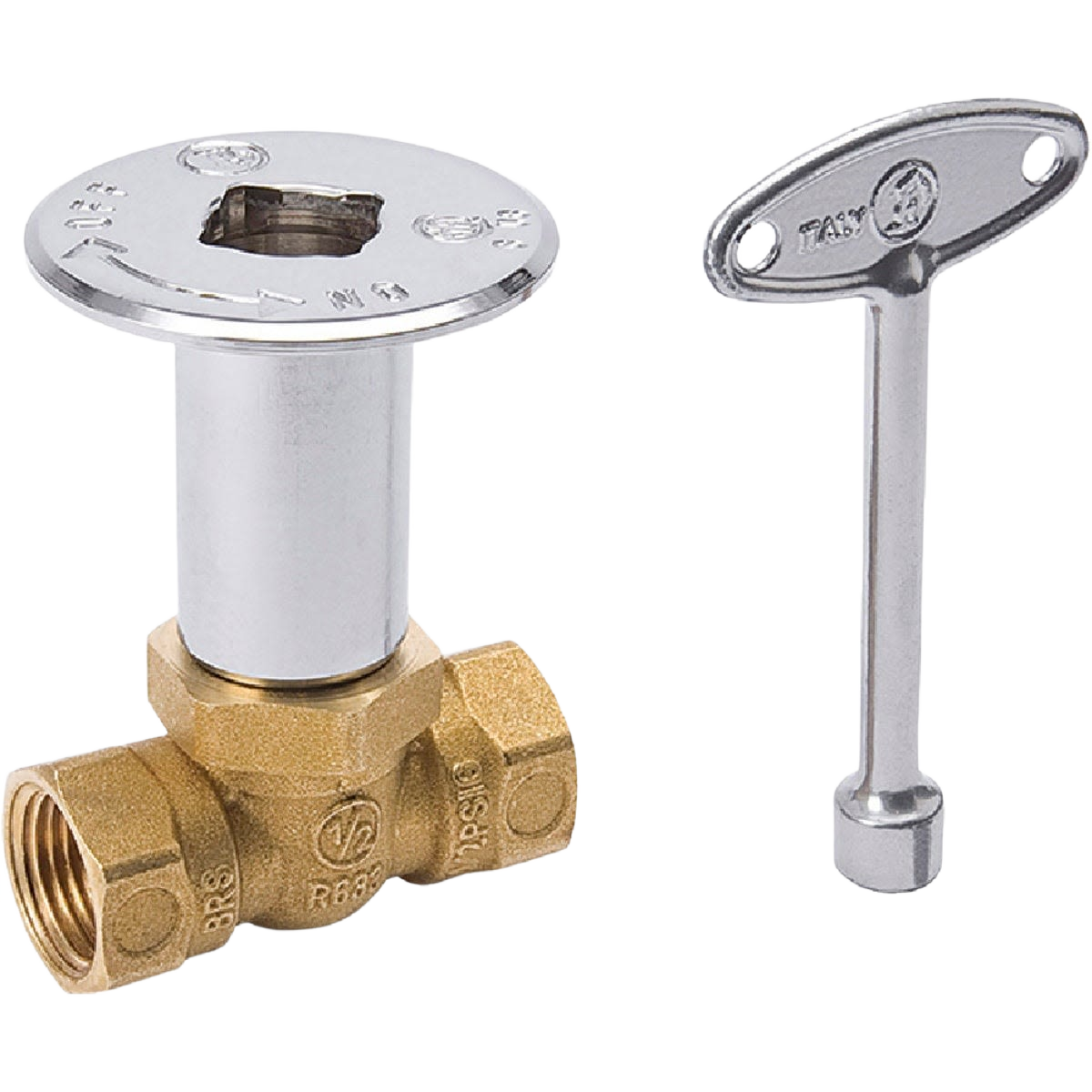 Brass and chrome-plated gas valve with adjustable flange and metal key for plumbing parts and repair under $50
