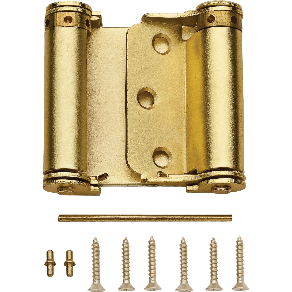 Satin brass double-acting spring hinge with screws and pins for home improvement and door hardware installation