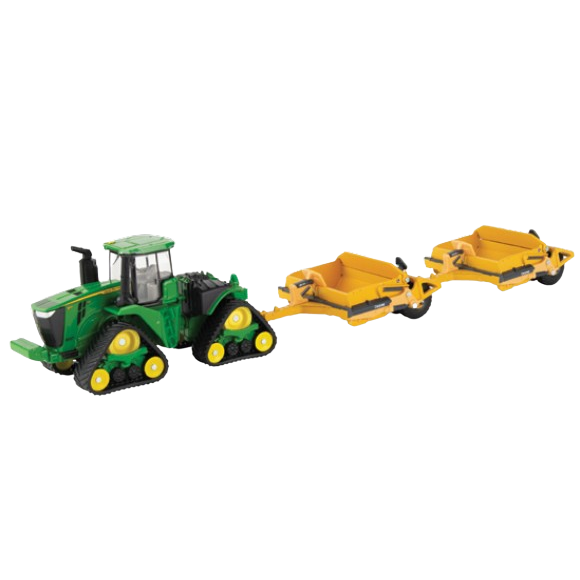 Green and yellow toy John Deere crawler tractor pulling two connected yellow scrapers for scale model collectors