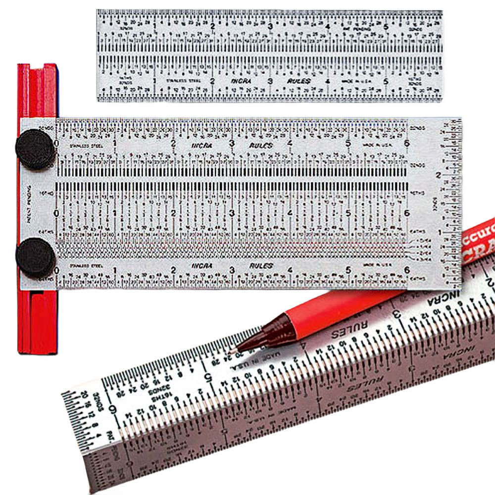 Set of precision marking rules with measurement scales, featuring adjustable guides for woodworking and home improvement tasks
