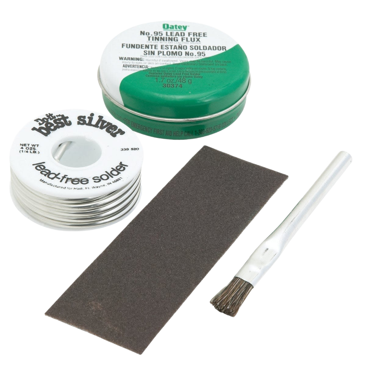 Silver lead-free solder spool with green tinning flux container, metal brush, and sanding pad for plumbing tools collections