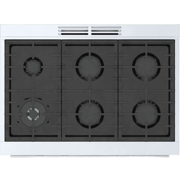 Top view of a stainless steel 36-inch dual fuel cooktop with five burners and heavy-duty metal grates from Bosch ranges collection