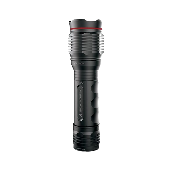 Compact black LED flashlight with 4x zoom for bright illumination in hand tools and home improvement uses