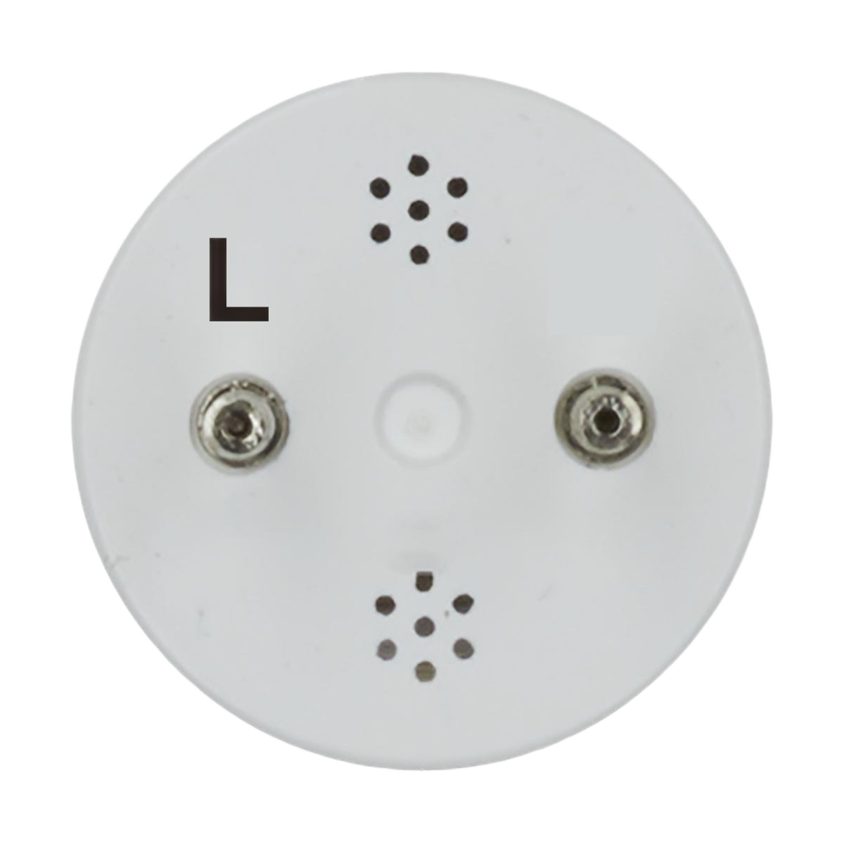 Top view of white medium bi-pin base featuring labeled L pin and electrical contact points for LED bulb installation