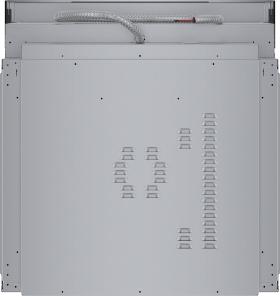 Back view of stainless steel single wall oven showing ventilation slots and power cable in kitchen appliances collection