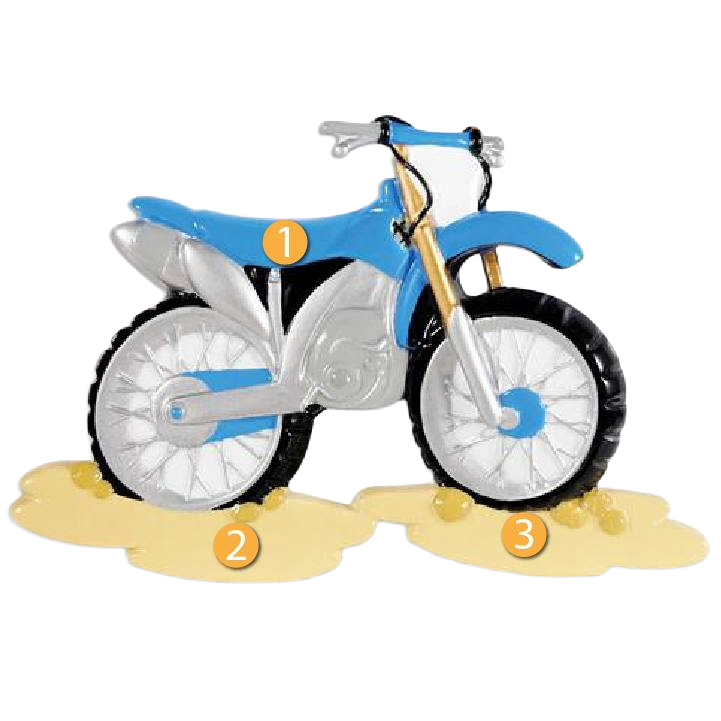 Blue motocross dirt bike ornament with mud splash base, festive Christmas tree decor under $50