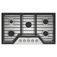 Five-burner gas cooktop with cast-iron grates and front control knobs for kitchen and home improvement use