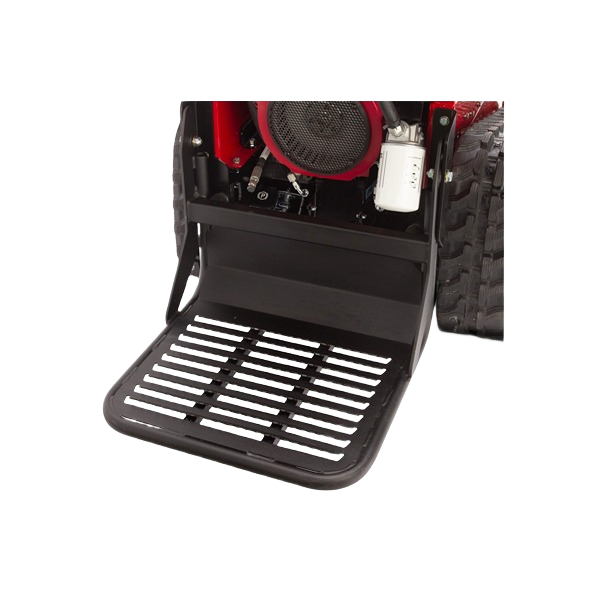 Close-up of black metal footrest platform attached to red Barreto track trencher, part of rental equipment at Hartville Hardware for home improvement tasks.