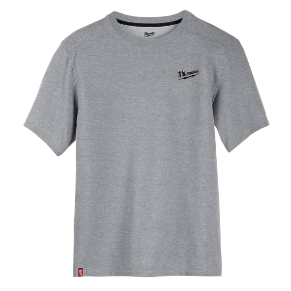 Gray short sleeve hybrid work tee with Milwaukee logo for comfortable movement in clothing and home improvement tasks