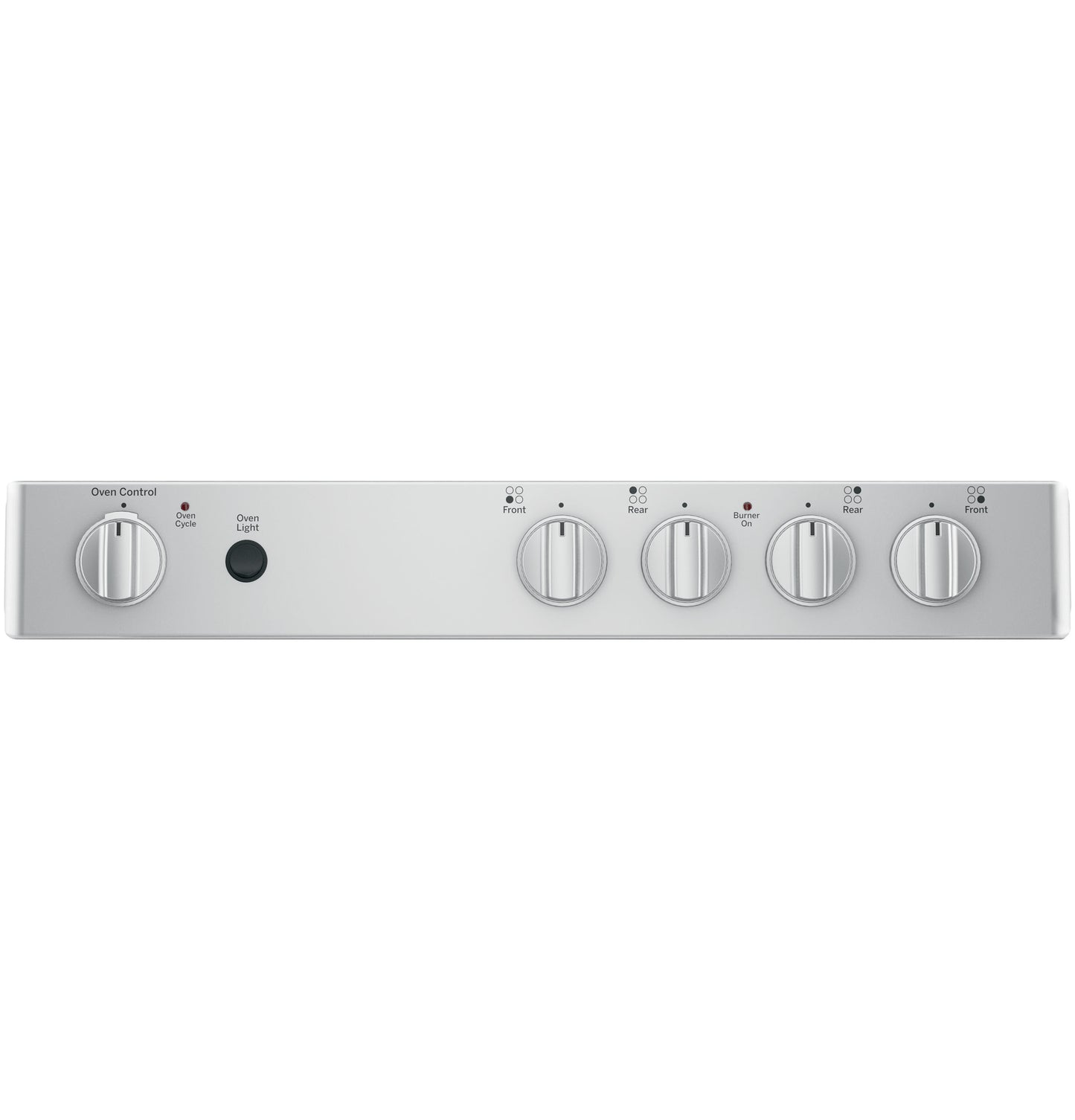 Silver control panel with five round knobs for oven and burner settings on a kitchen range appliance