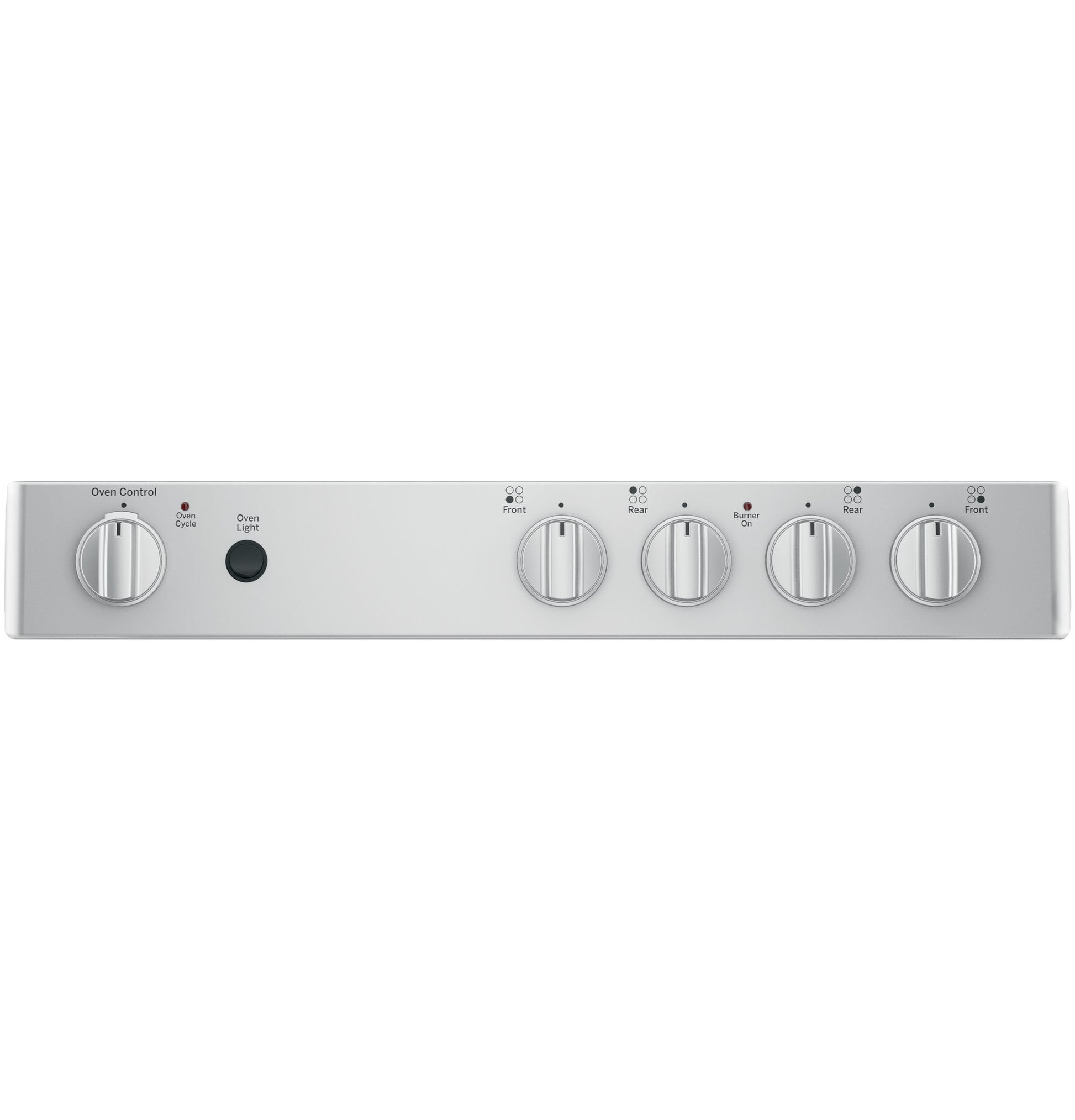 Silver control panel with five round knobs for oven and burner settings on a kitchen range appliance