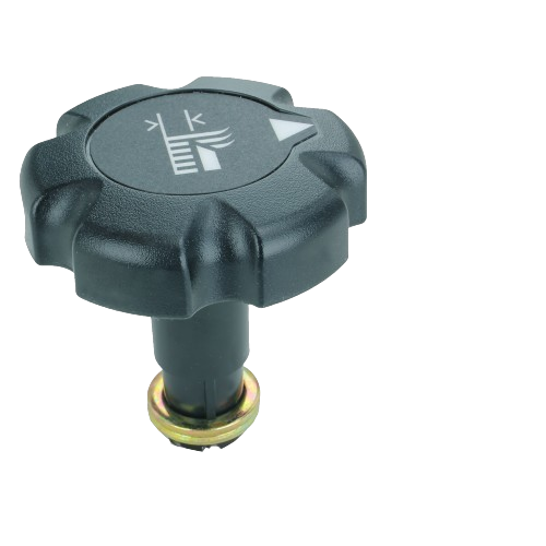 Black plastic adjustment dial knob with grip ridges and measurement markings for lawn and garden equipment use