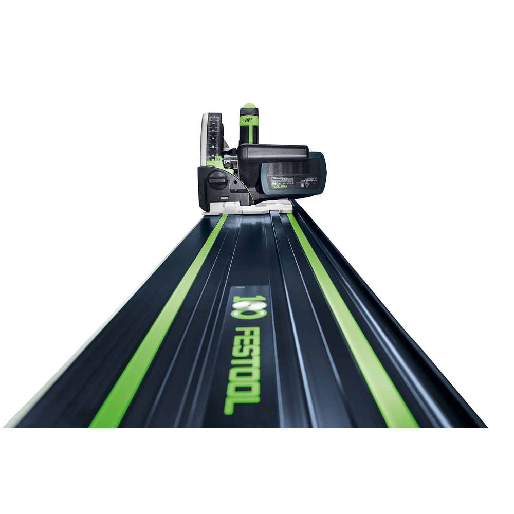 Close-up of a Festool FS 1400/2 blue guide rail with green accents designed for precision cutting in home improvement tasks