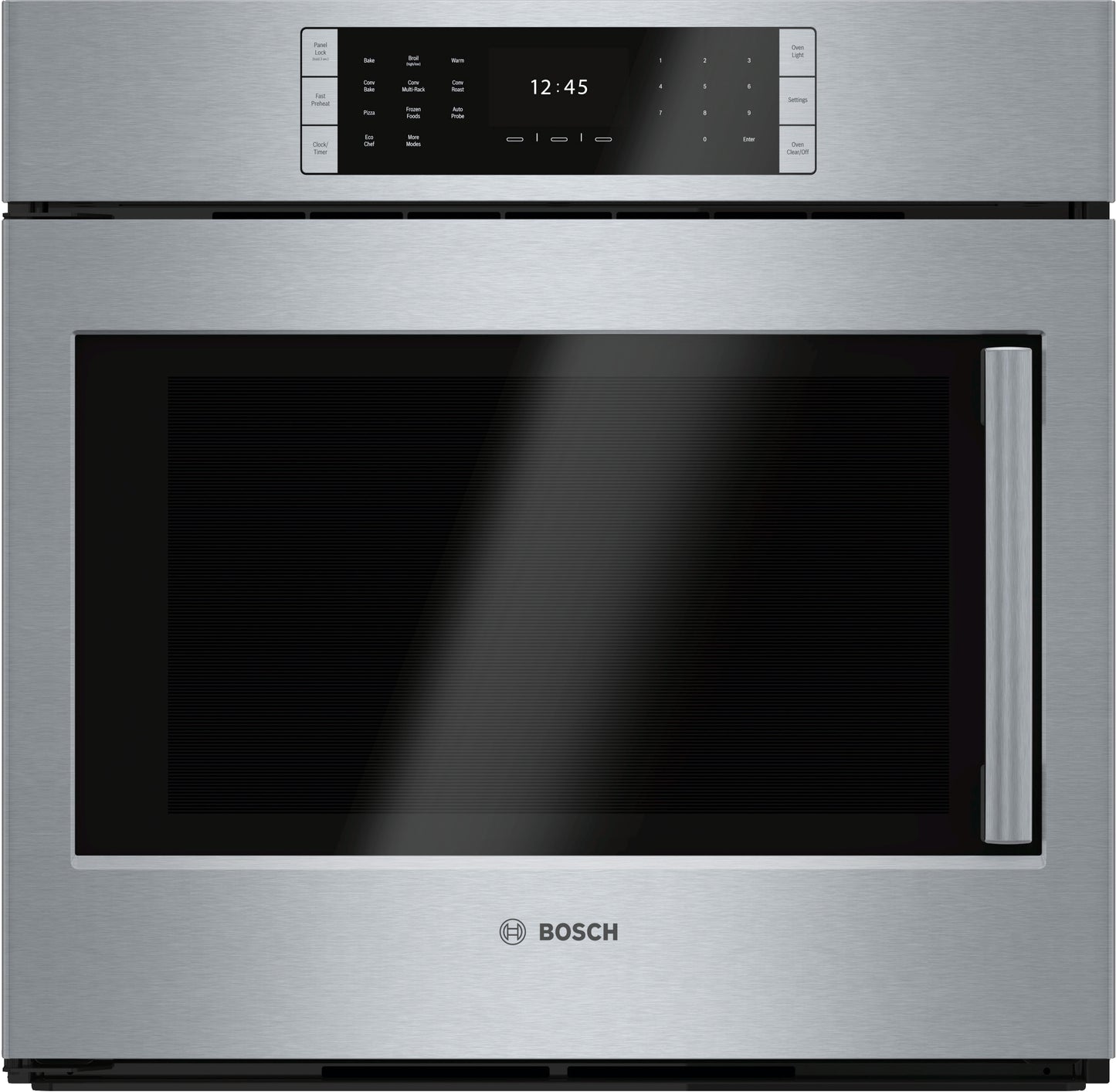 Stainless steel Bosch single wall oven with left side-opening door and digital touch controls in Wall Ovens at Hartville Hardware
