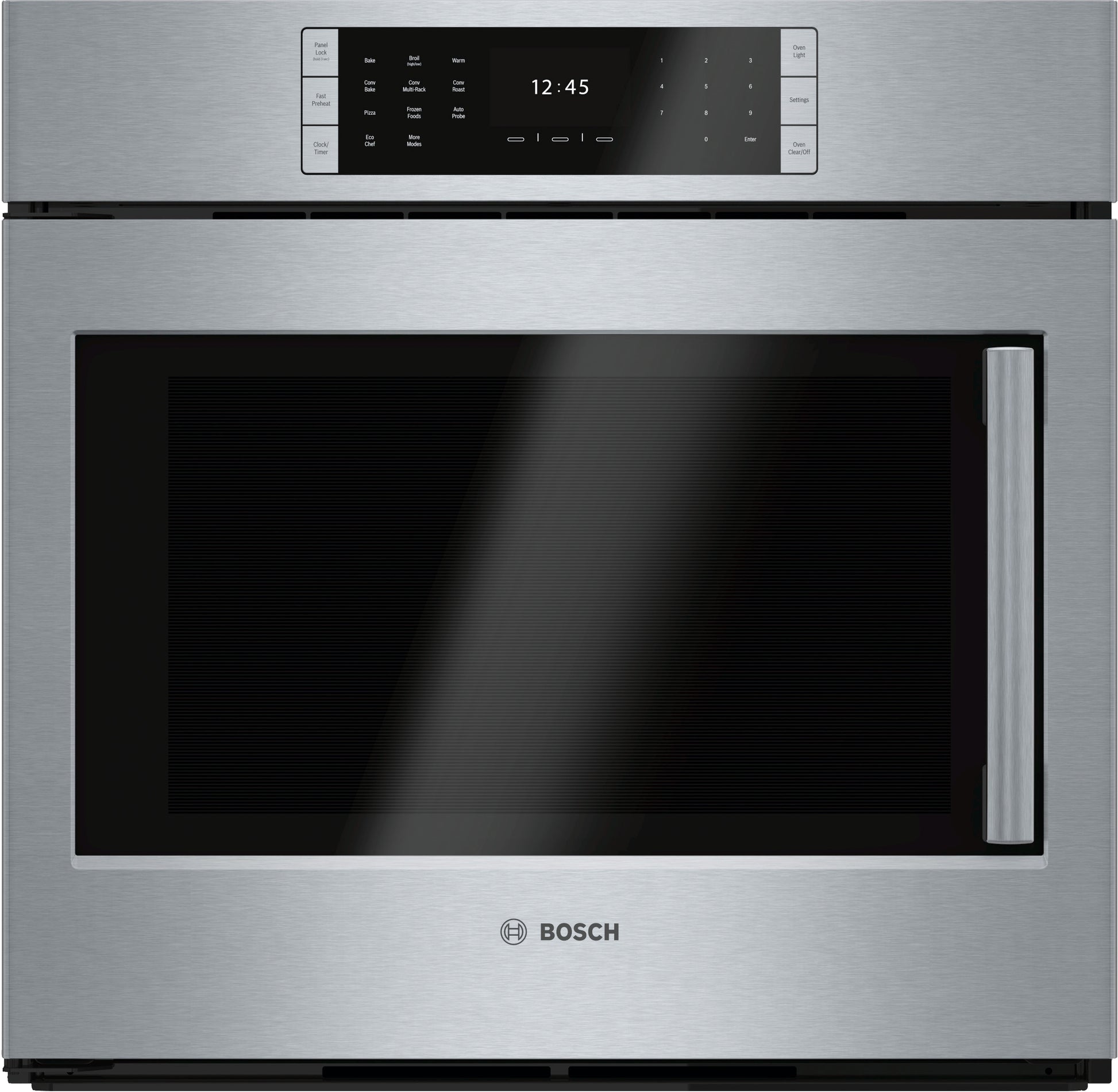 Stainless steel Bosch single wall oven with left side-opening door and digital touch controls in Wall Ovens at Hartville Hardware