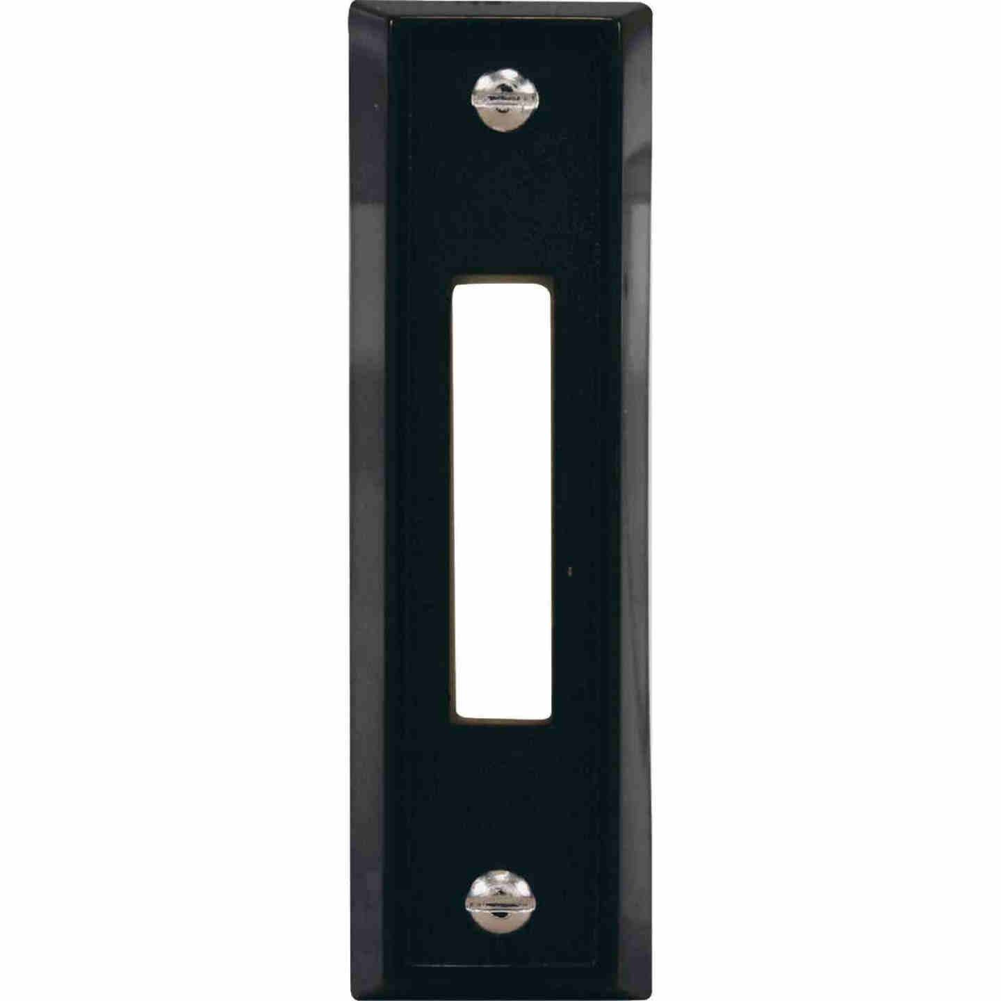 Black wired doorbell push button plate with screw holes for home improvement and tools use