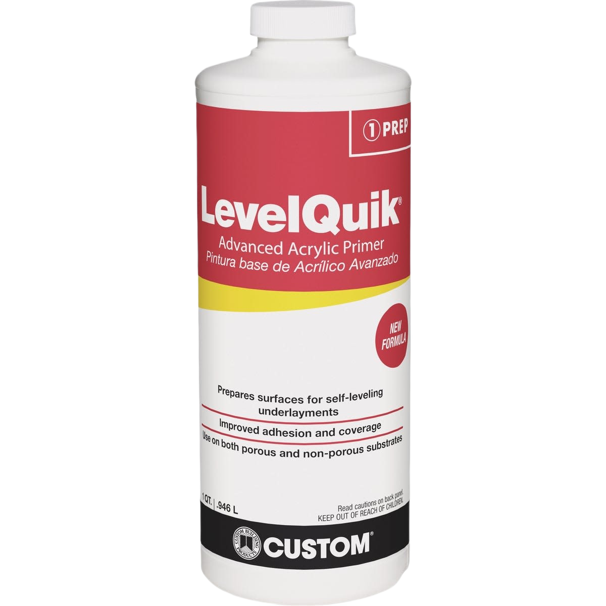White bottle of advanced acrylic primer featuring bold red and yellow label for home improvement projects