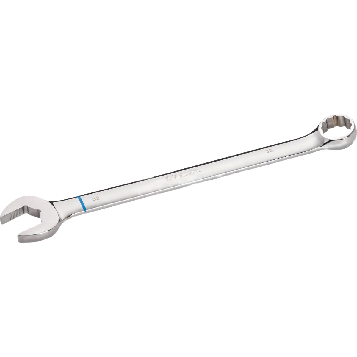 Polished 32mm combination wrench with open and 12-point box ends for versatile tool and home improvement use